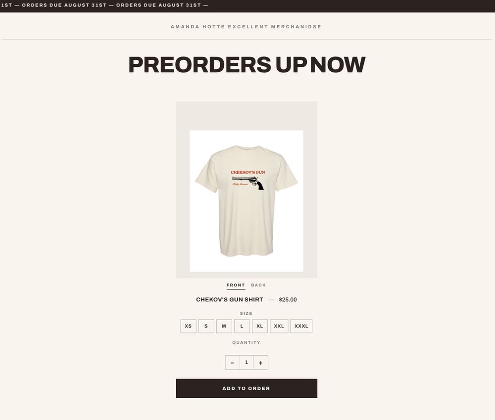A hosted preorder storefront for a single shirt: front and back views, a size picker, and a countdown banner showing days left in the ordering window.