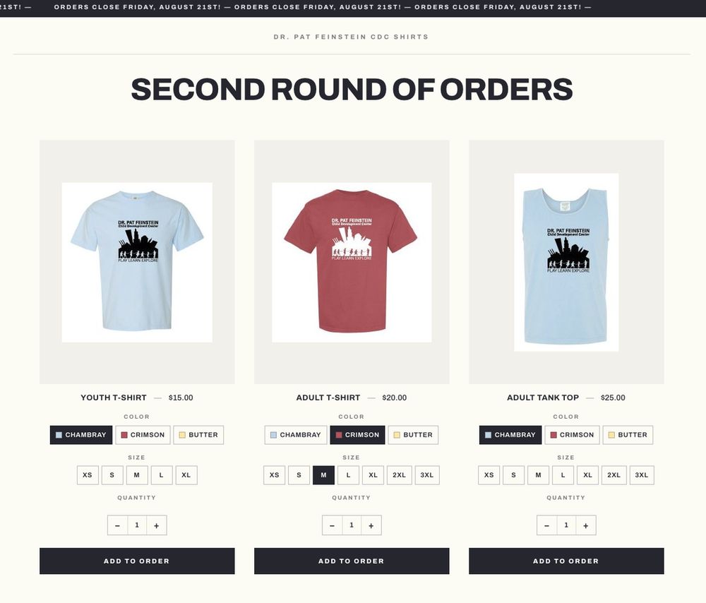 A hosted preorder storefront offering a youth tee, an adult tee and a tank top in three colorways, each with its own size and quantity picker.